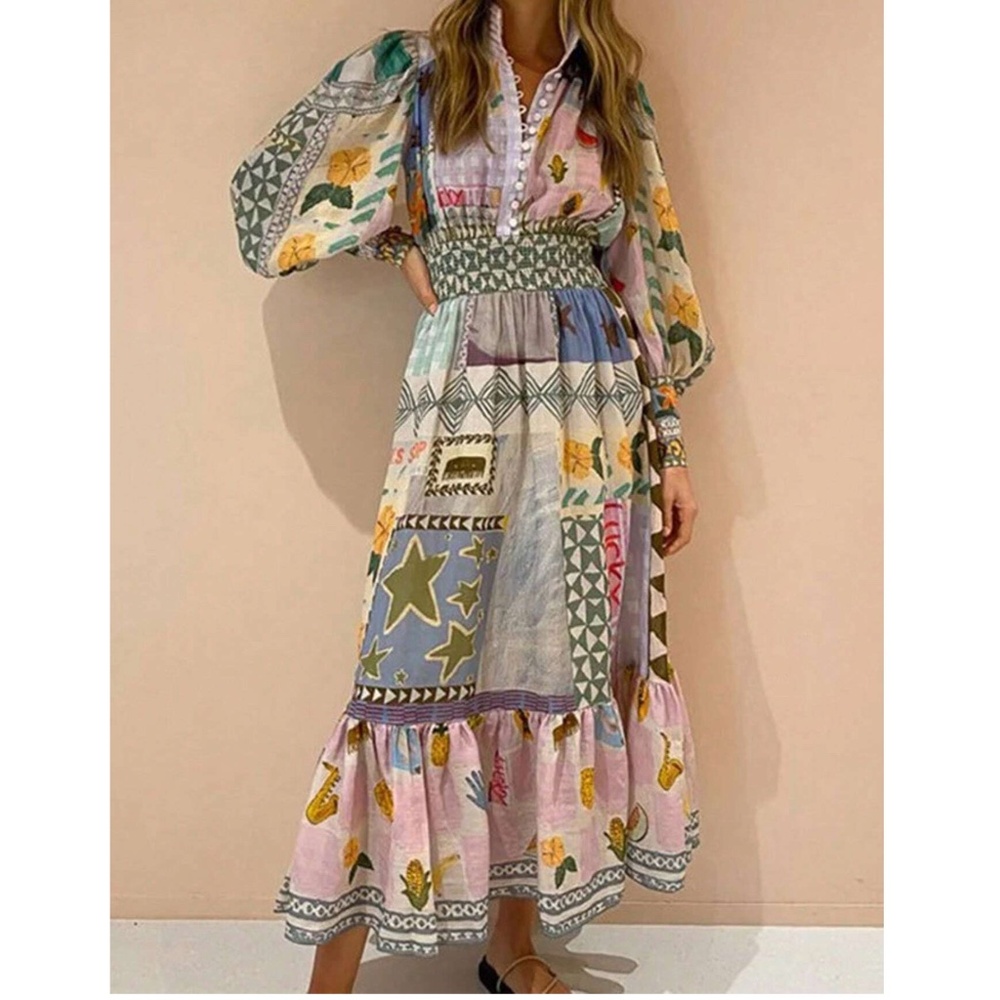 Boho Floral Star Mix Print Long Sleeve Maxi Dress - Picture 5 of 6